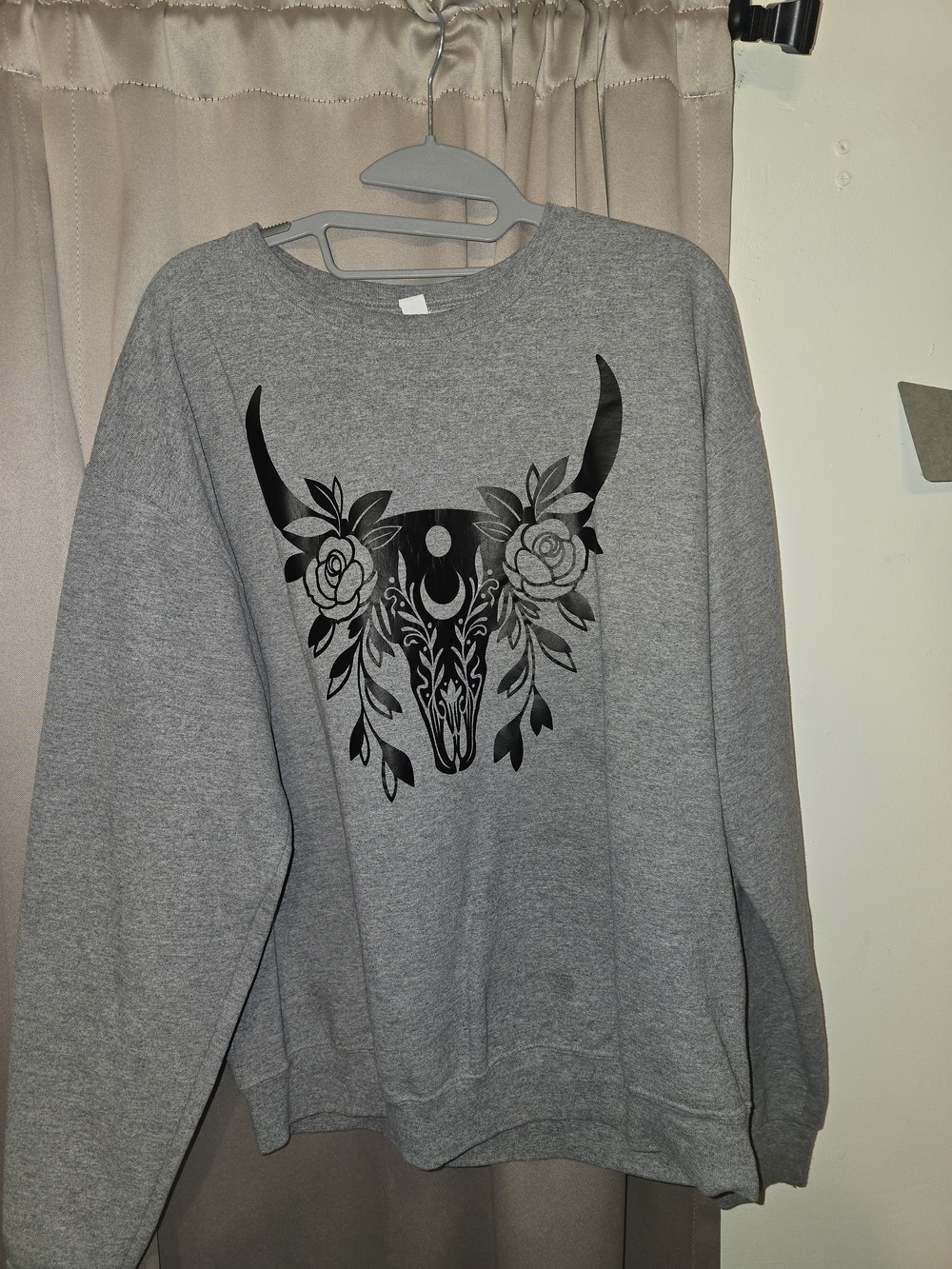 Gildan Gray Sweatshirt with Black Floral Bull Skull Graphic